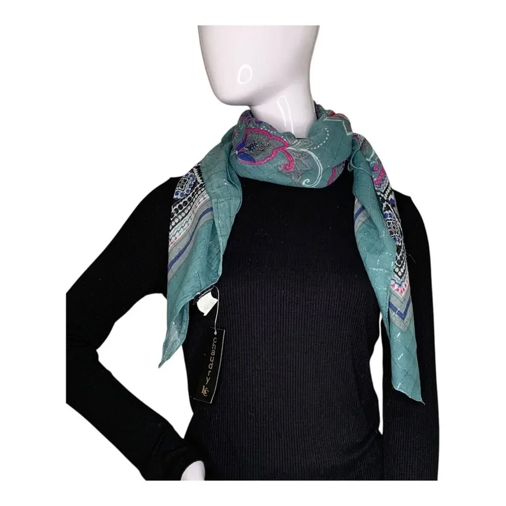 Chaudry KS NWT Scarf Central Floral Motif Shimmering Border Geometric Pattern